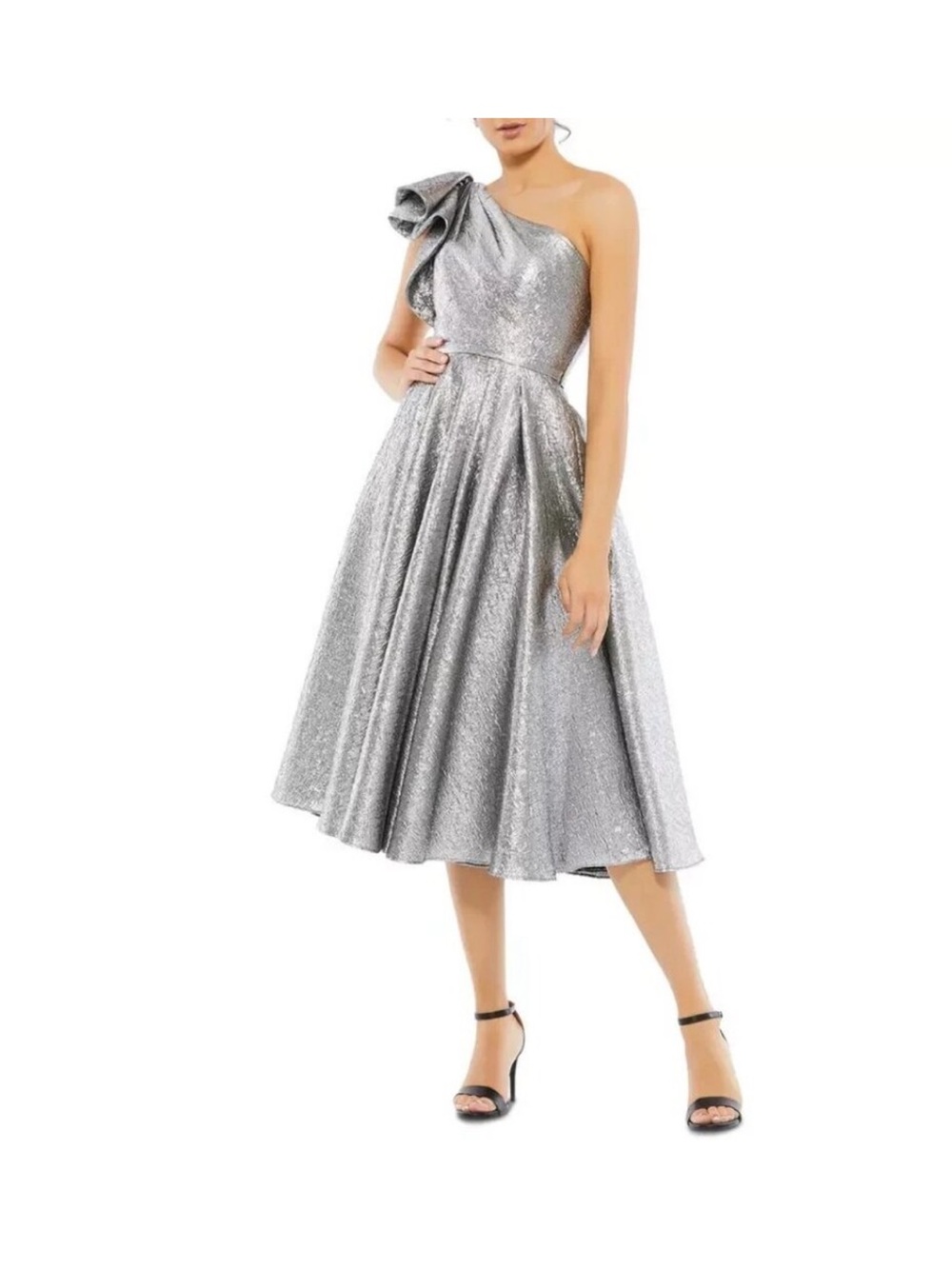 Mac Duggal Silver One-Shoulder Metallic Fit-and-Flare Dress